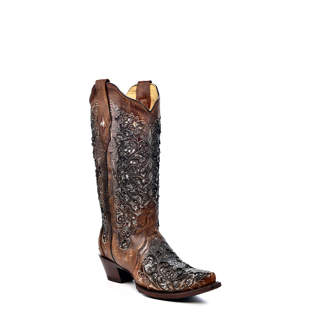 Stivali western Corral cognac con intarsi, ricami e strass