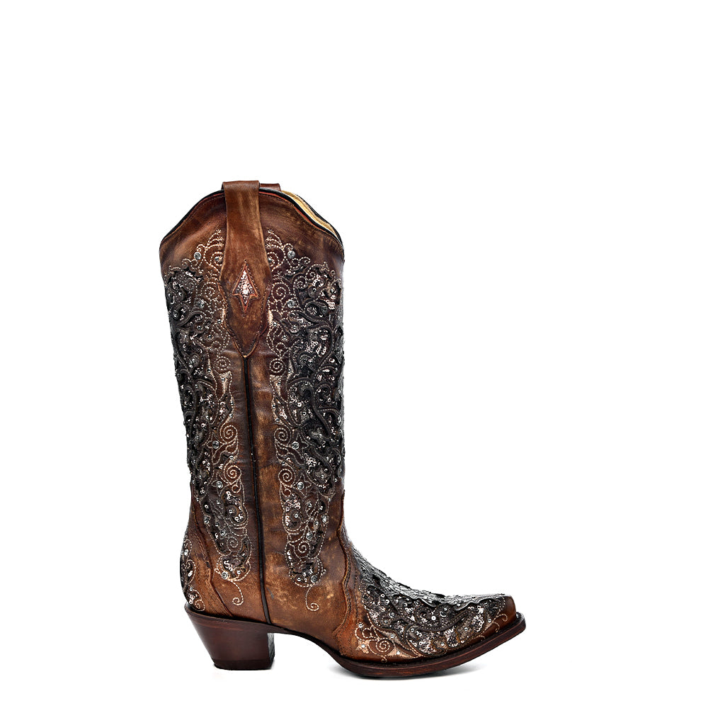 Stivali western Corral cognac con intarsi, ricami e strass