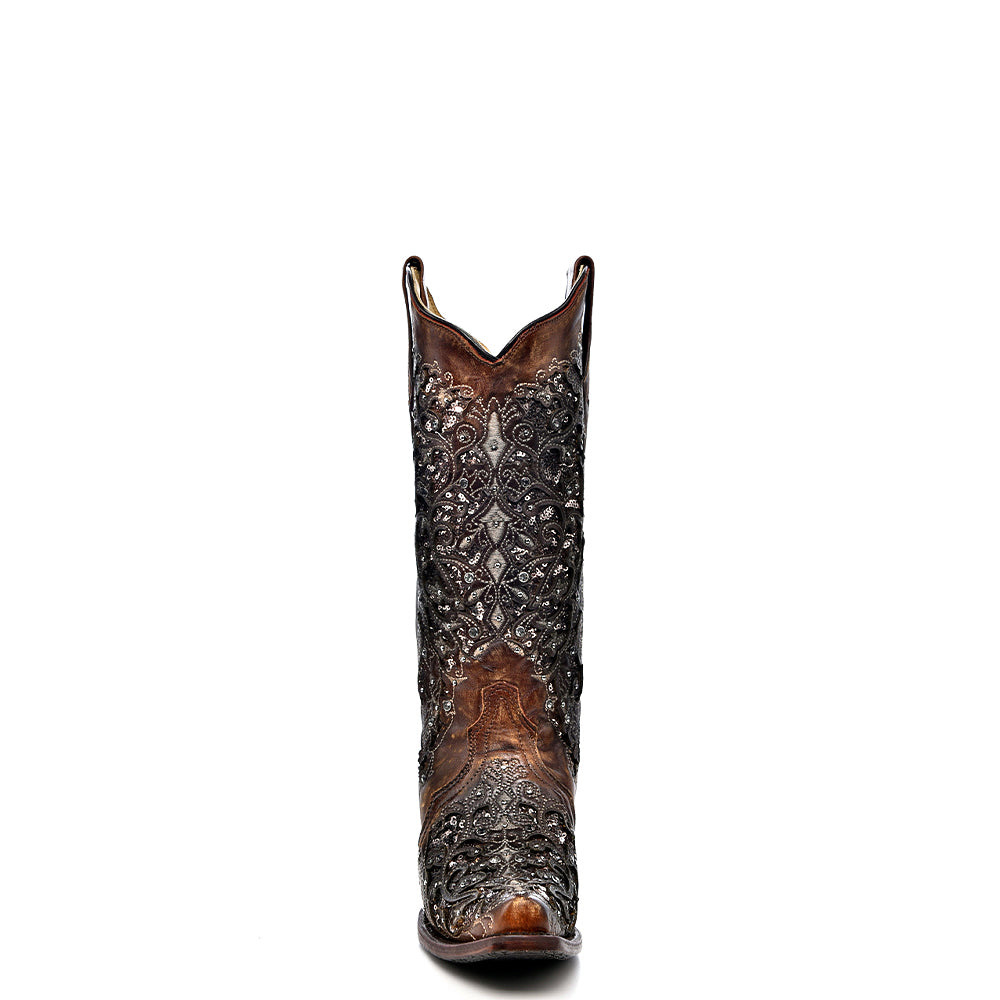 Stivali western Corral cognac con intarsi, ricami e strass