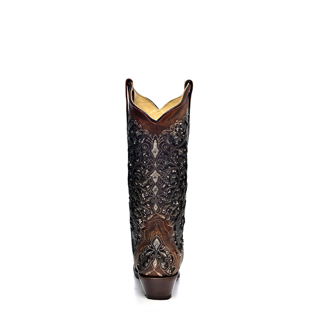 Stivali western Corral cognac con intarsi, ricami e strass