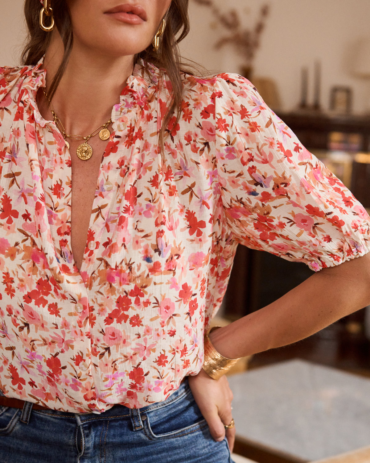 Blusa floreale rosa/corallo