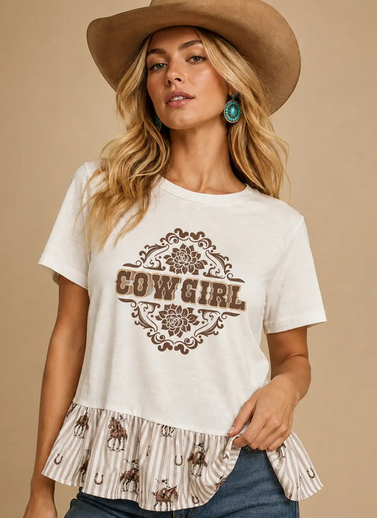 T-shirt con volants e stampa "Cowgirl"