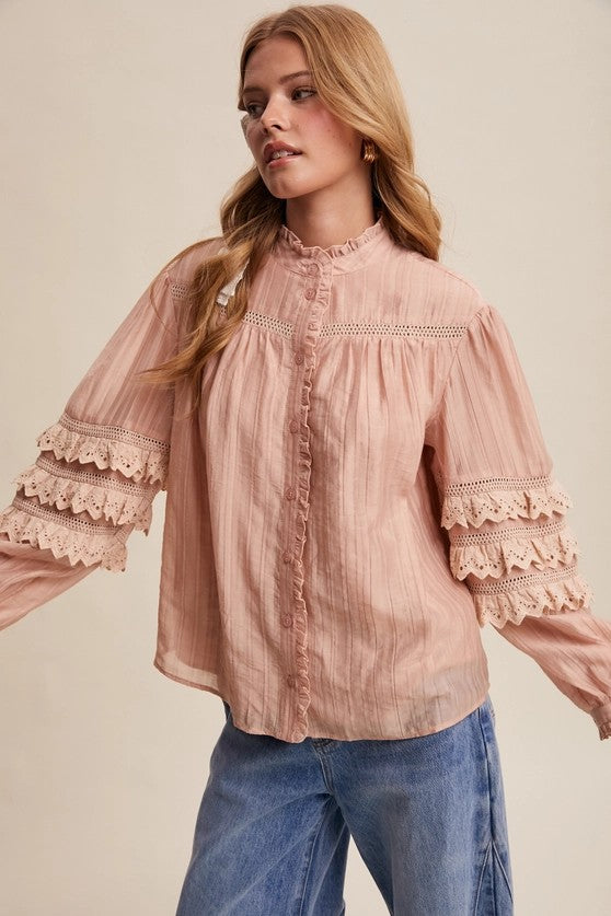 Blusa con maniche a balze rosa