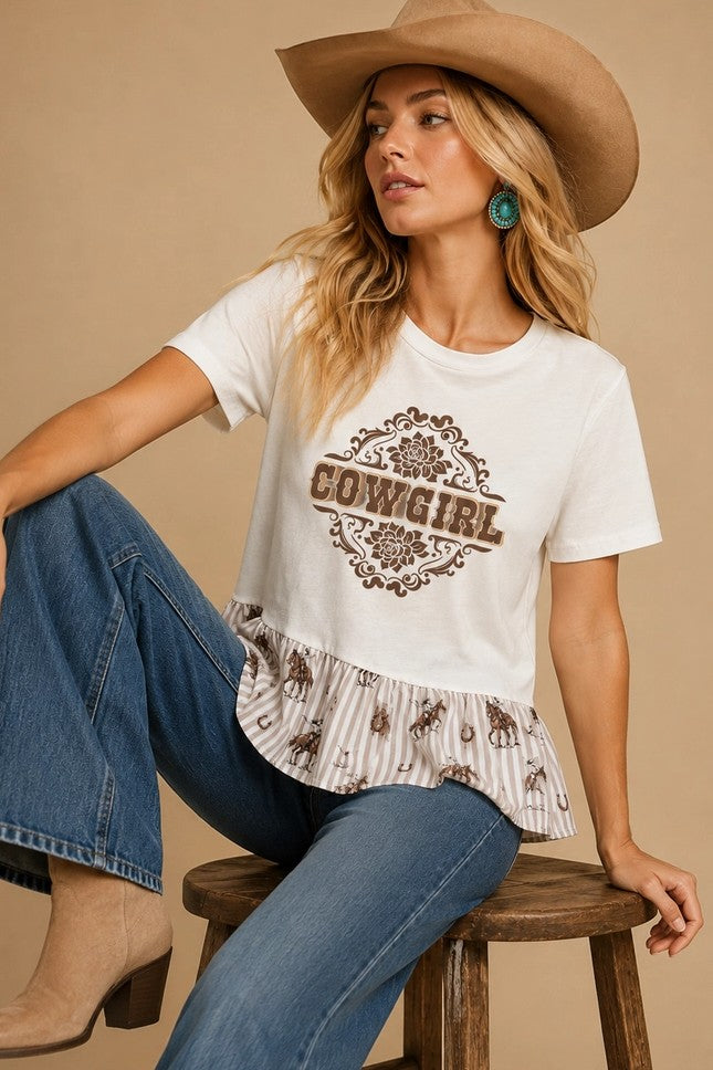 T-shirt con volants e stampa "Cowgirl"