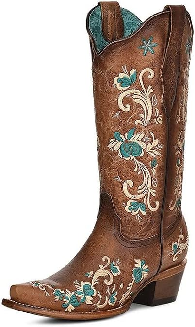 Stivali Western Corral marroni con ricamo floreale turchese