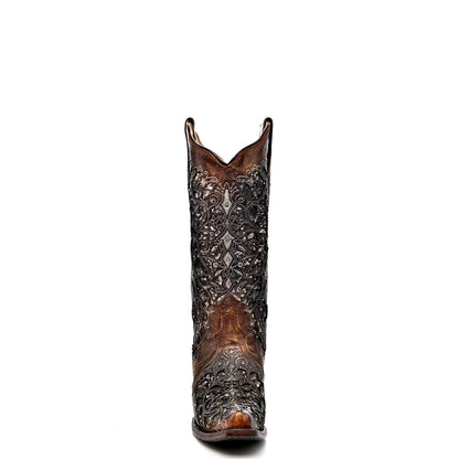 Stivali western Corral cognac con intarsi, ricami e strass