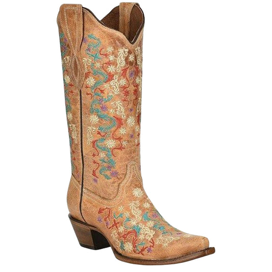 Stivali western CircleG color sabbia con decorazioni floreali
