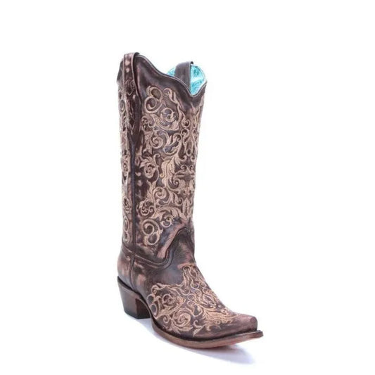 Stivali Western Corral color miele con ricami floreali