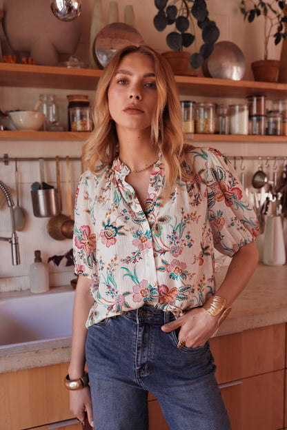 Blusa floreale turchese/rosa