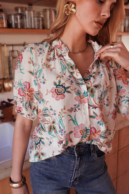 Blusa floreale turchese/rosa