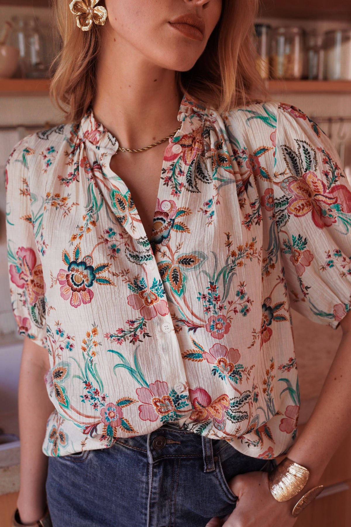 Blusa floreale turchese/rosa