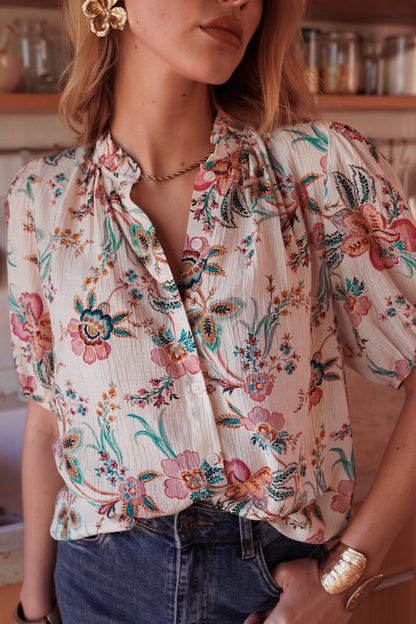 Blusa floreale turchese/rosa