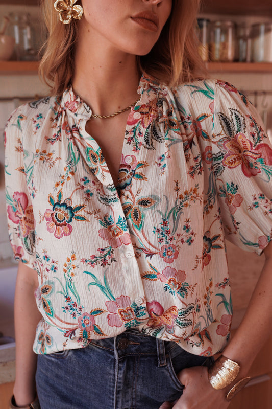 Blusa floreale turchese/rosa