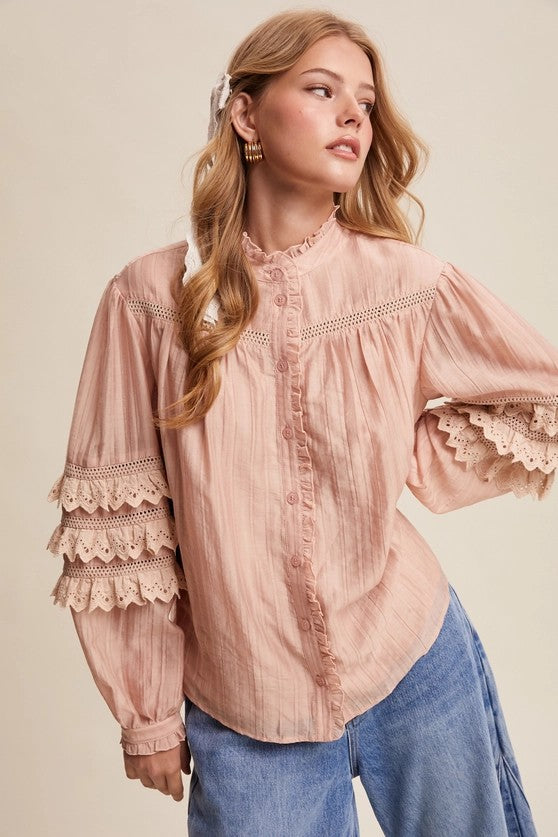 Blusa con maniche a balze rosa